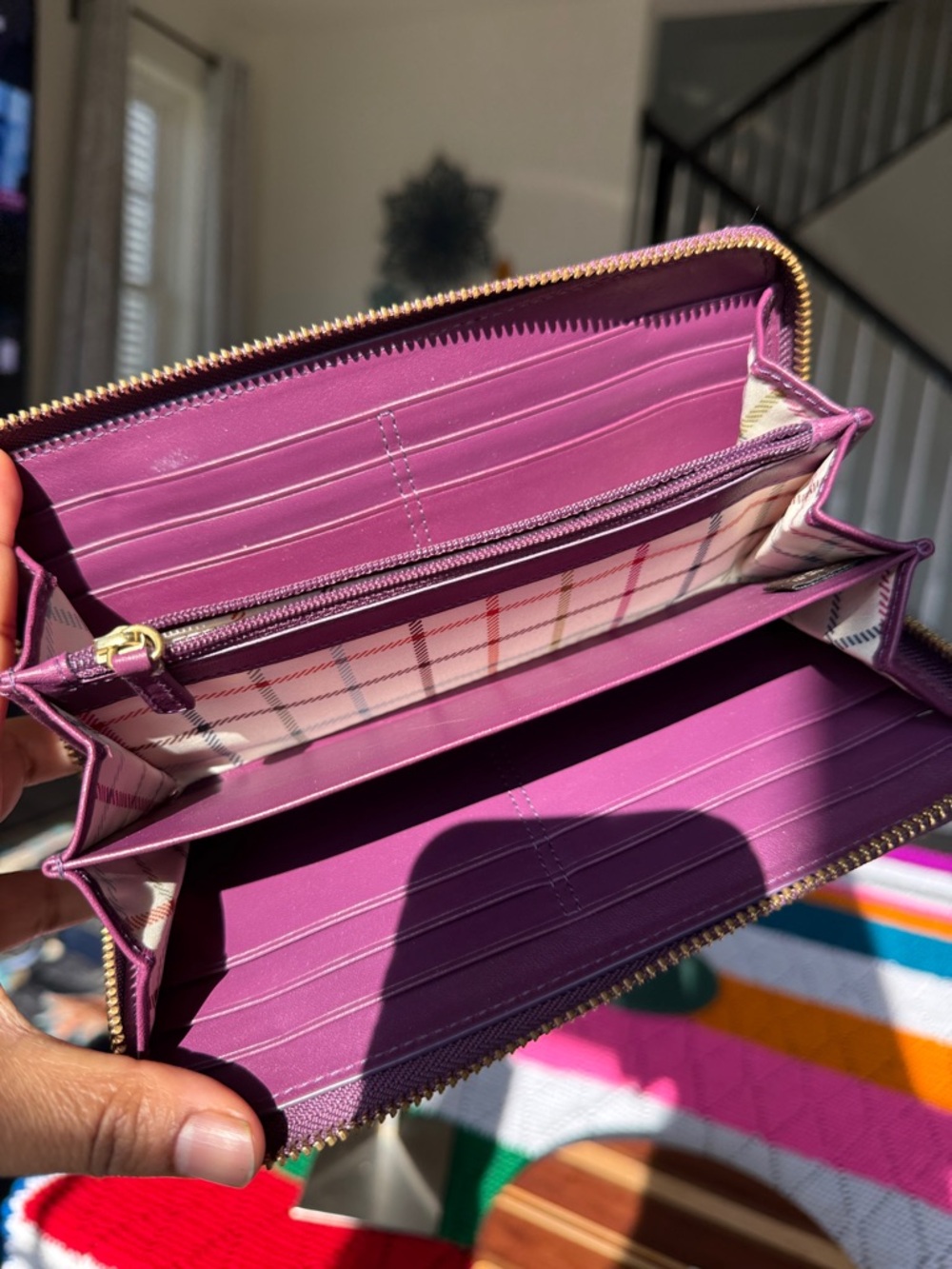 Coach Brown Signature Canvas Zip Wallet with Purple Trim - Picture 8 of 14